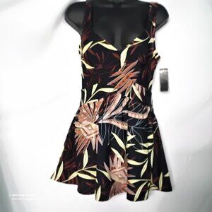 Ingear Black & Brown Modest 1 Pc. Swim Dress V-neck, Foam cups, U-Back NWT Sz.10
